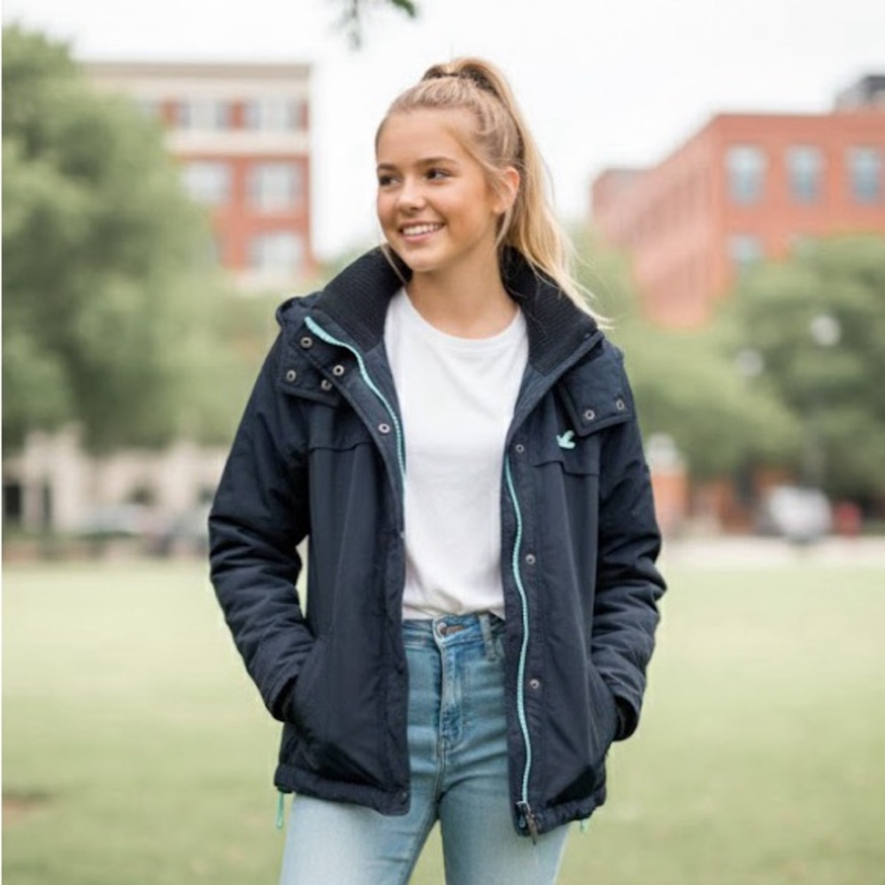Hollister All Weather Hooded Mesh Lined Jacket Navy Large